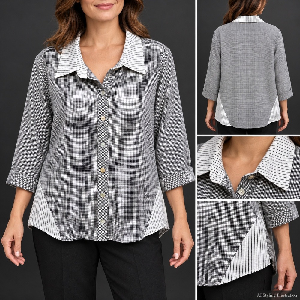Habitat Shirt Womens Medium Black White Gingham Striped Mixed Pattern Lagenlook